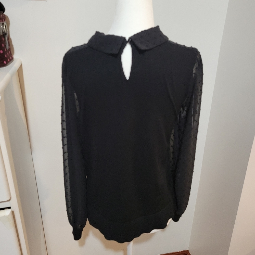 Adrianna Papell Babydoll Sheer Polka Dot Collared Black Long Sleeve Blouse | S - Picture 5 of 9